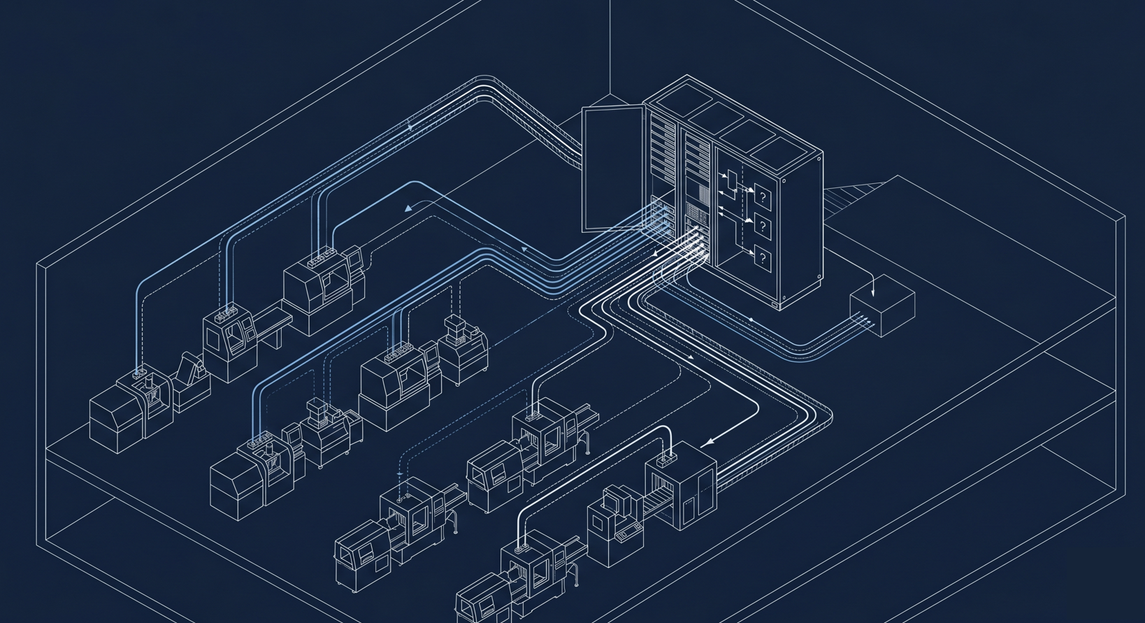 Diagram zakładu produkcyjnego — maszyny podłączone do systemu CMMS