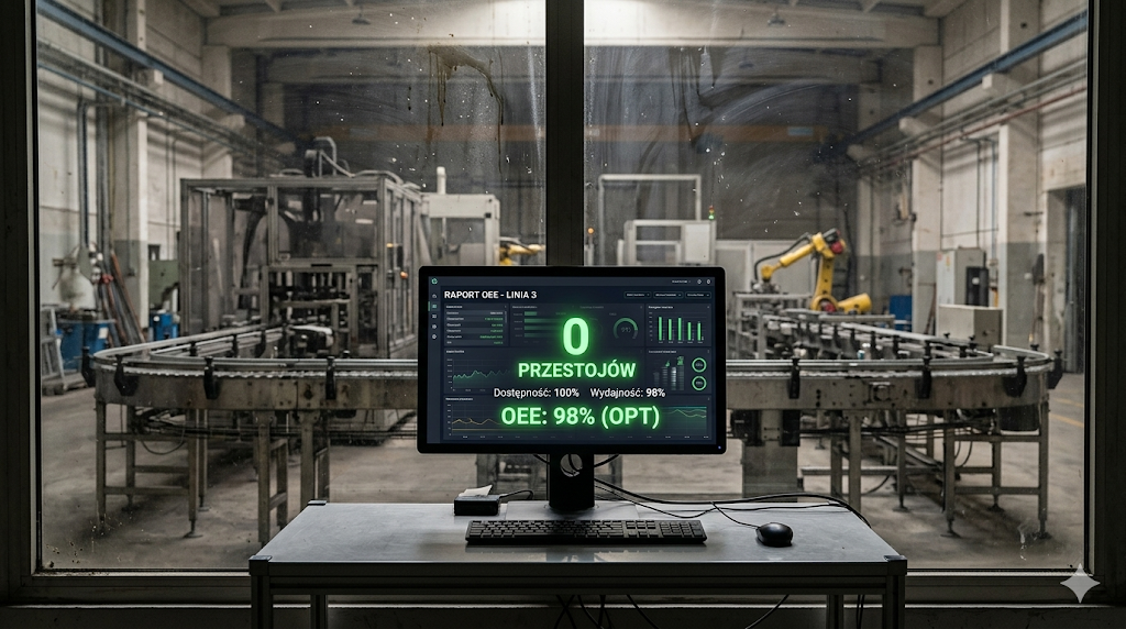 Monitor z raportem OEE 98% — zero przestojów w systemie